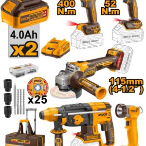 COMBO INGCO 5 PZS. ROTOMARTILLO, PISTOLA, PULIDORA, BARRENO Y LINTERNA 20V UCKLI2058 (89159)
