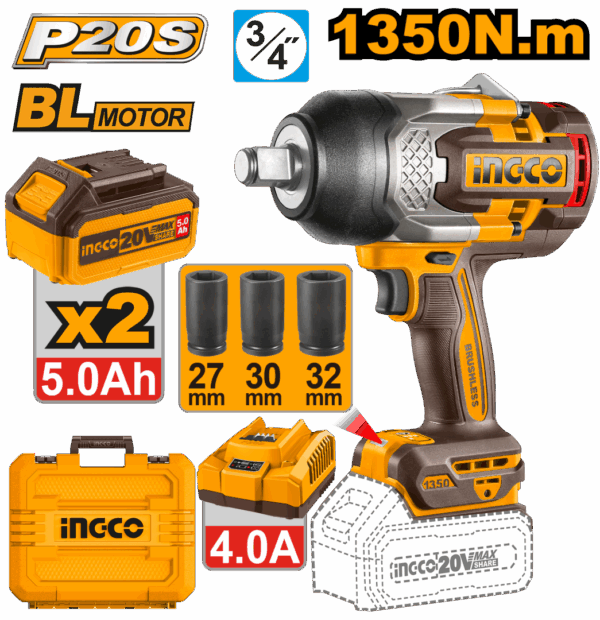 PISTOLA DE IMPACTO INGCO DE 1350NM RAIZ 3/4“ DE 20V (UCIWLI20135)  (89269)