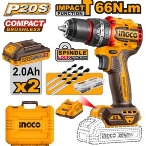 BARRENO RECARGABLE INGCO 20V. DE 1/2 BRUSHLESS 2 BAT-(UCIDLI20668) (89129)