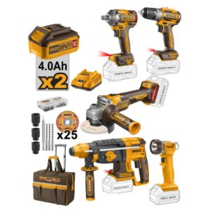 COMBO INGCO 5 PZS. ROTOMARTILLO, PISTOLA, PULIDORA, BARRENO Y LINTERNA 20V UCKLI2058 (89159)
