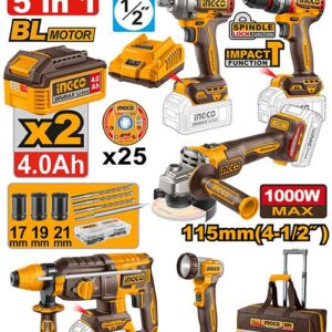 COMBO INGCO 5 PZS. ROTOMARTILLO, PISTOLA, PULIDORA, BARRENO Y LINTERNA 20V UCKLI2058 (89159)