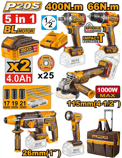 COMBO INGCO 5 PZS. ROTOMARTILLO, PISTOLA, PULIDORA, BARRENO Y LINTERNA 20V UCKLI2058 (89159)