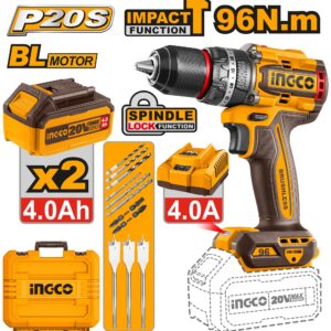 TALADRO INALAMBRICO INGCO 20V DE 1/2” (2 BATERIAS) DE 4.0AH UCIDLI20968 (88325)