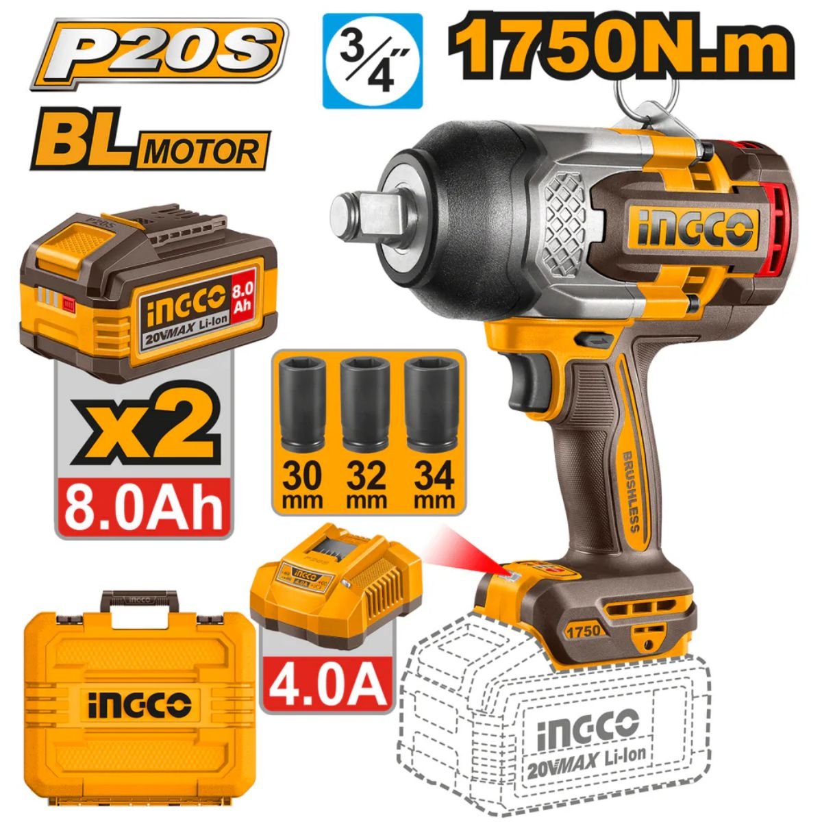 PISTOLA DE IMPACTO INGCO DE 3/4" 1750NM. 20V (89428)