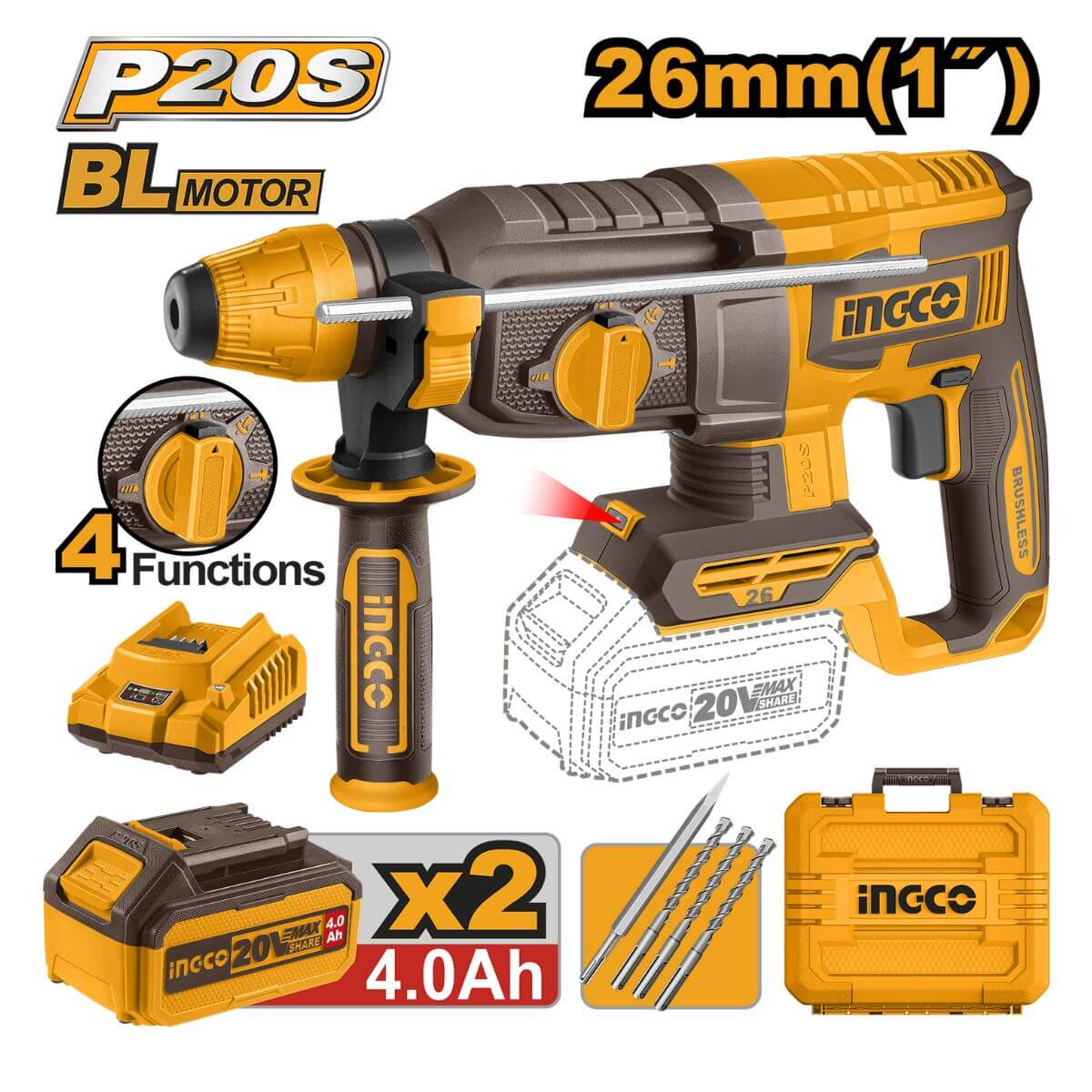 ROTOMARTILLO SDS PLUS INGCO 20V DE 2.5 JOULES (89585)