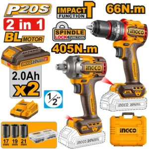 COMBO 2 EN 1 INGCO TALADRO 66NM + PISTOLA DE IMPACTO 405NM 20V (88460)