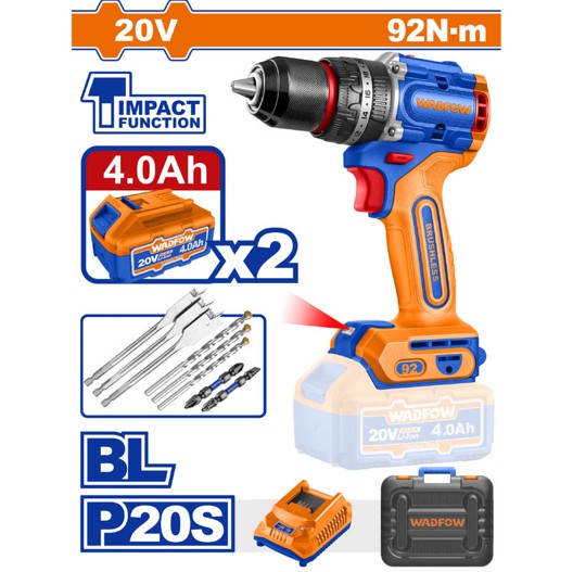 TALADRO PERCUTOR RECARGABLE WADFOW 20V. DE 1/2 92NM. 2BAT.4.00AH UWCDP9281 (89627)